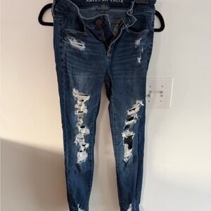 American Eagle Outfitters Dark Blue Distressed Skinny Jeans with Rips